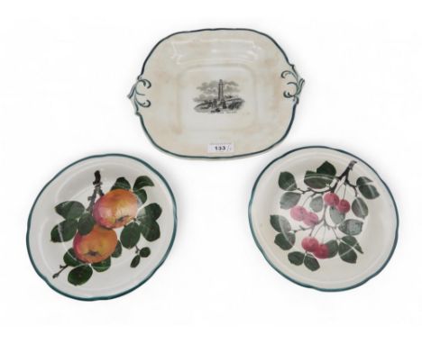 A J &amp; MP Bell pottery plate, with transfer print of the Montrose Light House, together with two Wemyss plates, one painte