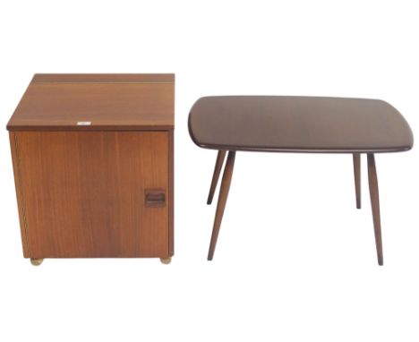 A lot comprising a small mid 20th century teak veneered cocktail cabinet with hinged top and door concealing internal shelf a