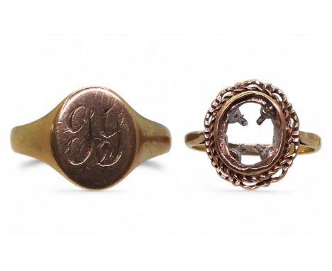 A 9ct gold signet ring, size T1/2, and a 9ct ring shank missing its stone, size M, weight combined 5.7gms Condition Report:Av