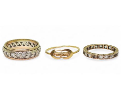 An 18ct ring with Italian hallmarks, size L1/2, weight 1.1gms and two 9ct synthetic spinel eternity rings sizes K, and M1/2, 