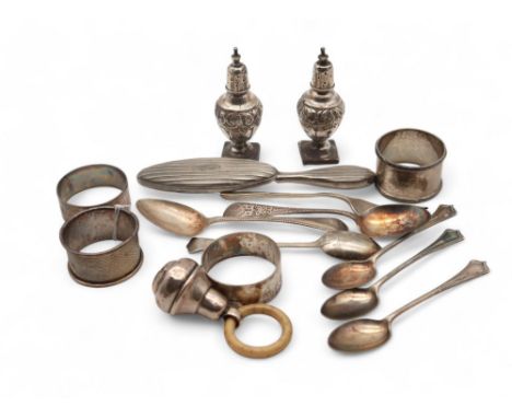 A collection of silver including flatware, a pair of salts, Birmingham 1902, a pair of napkin rings, Birmingham 1907, a silve