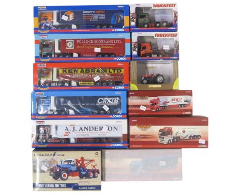 A collection of boxed Corgi haulage lorries, including 1:50-scale Hauliers of Renown Pollock, Ken Abram, A.R.R. Craib, A.J. A