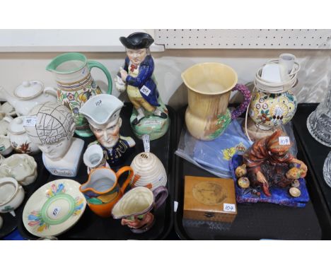 A group of decorative ceramics including a Charlotte Rhead jug, a Clarice Cliff My Garden jug, two crocus saucers, a lady art