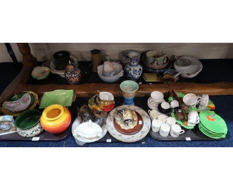 A collection of decorative ceramics including a rabbit decorated soap dish, Coalport demitasse cups and saucers, A Border Fin