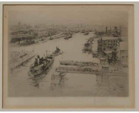WILLIAM WALCOT RBA RE (BRITISH 1874-1943) &nbsp;THE TYNE &nbsp;Etching, signed lower right, 16.5 x 20cm &nbsp;Title inscribed
