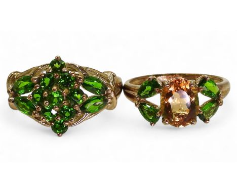 Two 9ct gold Russian diopside cluster rings, flower cluster size Q1/2, cluster with citrine size Q1/2, with QVC leaflet. Weig