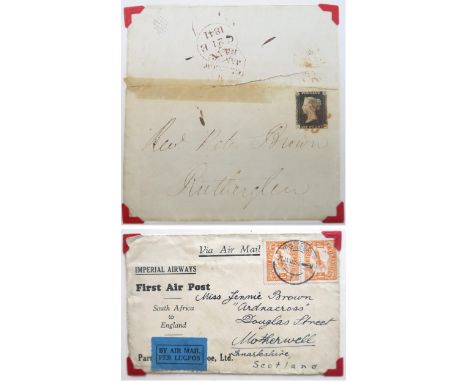 A Penny Black on original letter, dated Jan 1841, a First Air Post air mail letter from South Africa to England, dated 27 Jan