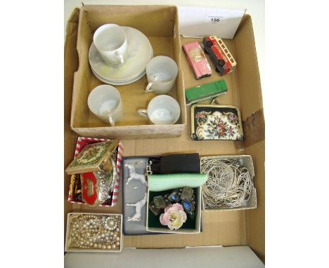 Japanese part coffee service, various costume jewellery, compacts, Matchbox vehicles etc 