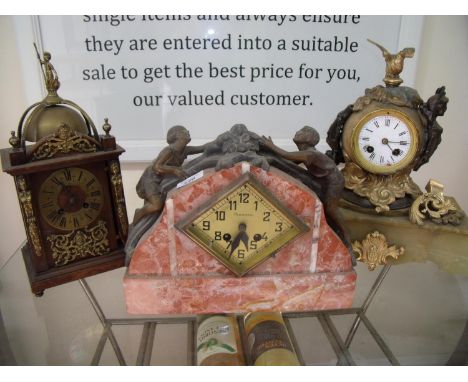 Late Victorian green onyx and gilt metal cased mantel clock, early 20th C  clock and another (3) (A/F) 