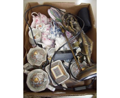 Various decorative ceramics, tea pots, part tea services, Crested ware, Art Nouveau style lamp etc in one box 