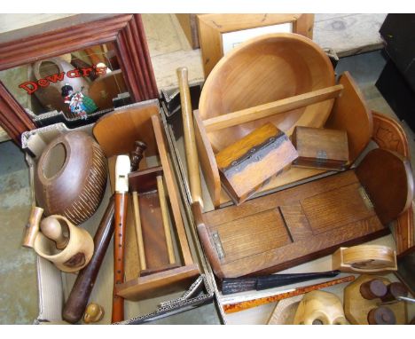Early 20th C oak extending book trough, other book troughs, Hohner recorder, Duwarts Scotch Whiskey advertising mirror, boome