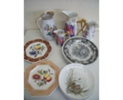 Set of three graduating jugs, various Spode dinner plates, Victorian Friburg jug etc