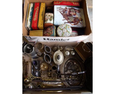 Brass letter rack, silver plated tea set, other metal ware and a collection of vintage tins in two boxes 