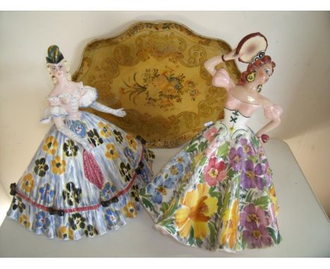Pair of large Venetian style ceramic decorative ladies (approx. 44cm high) and a Italian style papier mache tray (3) 
