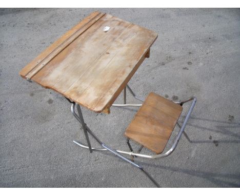 Vintage lightwood and metal framed folding school type desk 