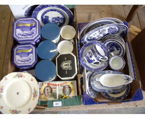 Ringtons blue &amp; white Willow pattern, Ringtons tins and commemorative ware, other blue &amp; white and a vintage cake sta