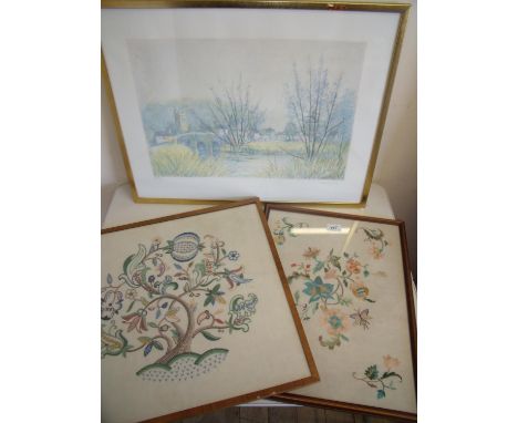 Framed needle work panel, another similar and a limited edition signed print (3) 