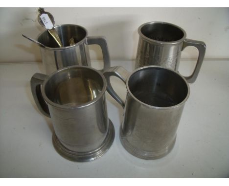 Four pewter tankards, two enamel &amp; silver plated 1933 Jubilee spoons, a Nepalese yellow metal spoon and a 1797 cartwheel 