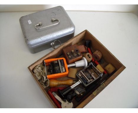 Wooden drawer containing a selection of various vintage stationary items including various rubber stamps etc and a lockable c