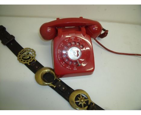 Vintage red telephone and a horse harness leather &amp; brasses (2) 