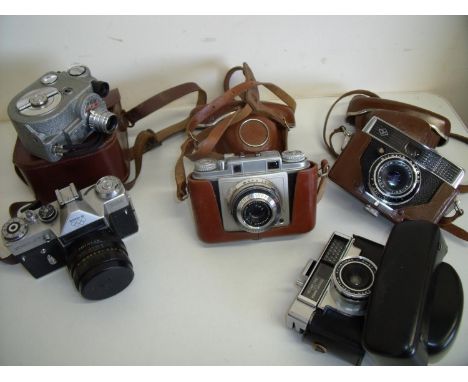 Box of various vintage cameras including Franka , Zenith etc 