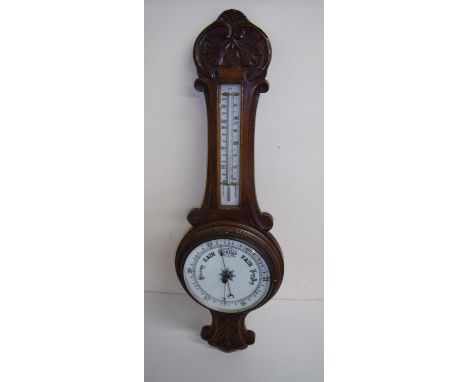Early 20th C carved oak framed wall barometer 