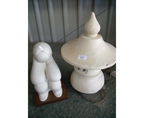 Composite stone lantern style lamp and decorative figure of a seated woman on plinth (2) 