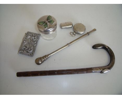 Silver hallmarked parasol handle, a pocket compass, glass table jar with butterfly top etc 