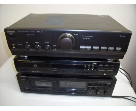 Selection of HiFi equipment and separators including Technics A600MK2 amplifier, a Marantz disc player, a Onkyo cassette deck