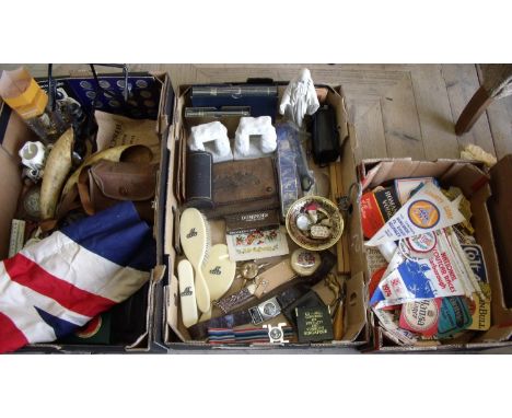 Pair of cow horns, a Union flag, old cameras, collection of beer mats, vintage bunting and miscellanea in three boxes 