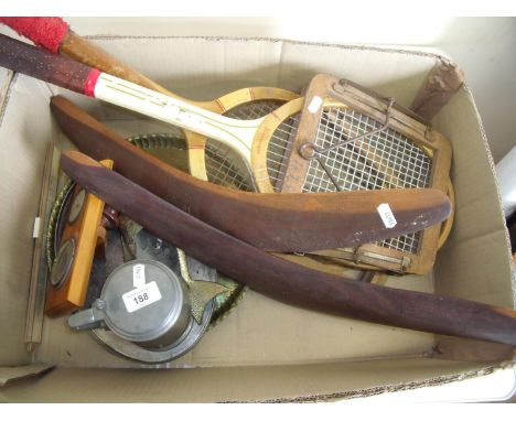 Copper charger, silver plated tray, various rulers, two boomerangs, vintage tennis rackets, brass fish, pewter tankard etc 