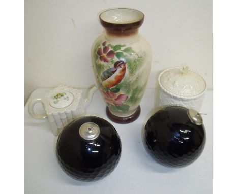 Two large glass baubles, a faux bamboo Belleek ceramic teapot (chip to spout), a Belleek biscuit barrel and a large opaque gl