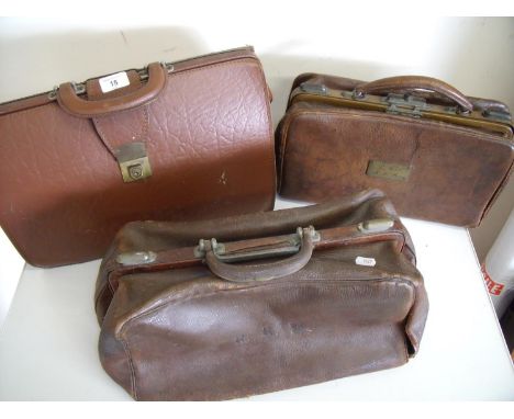 Early 20th C vintage brown leather Gladstone style bag, another similar with brass name plaque with initials R.M.J R.H.Bay, a