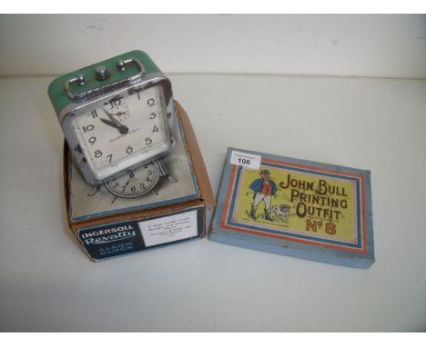Boxed John Bull Printing Outfit No 8 and a boxed Ingersoll Revally 'On Time' clock (2) 