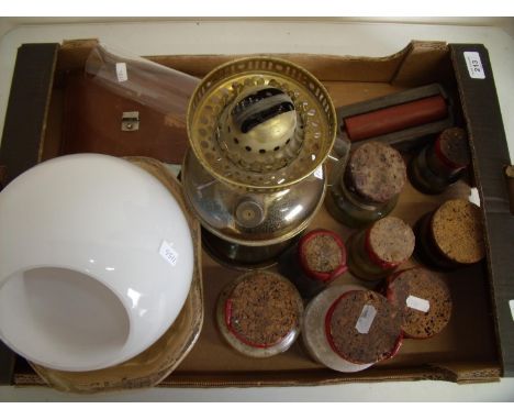 Collection of various Natural History and scientific specimens &amp; wet specimens with red leather waxed seals, oil lamp, 19
