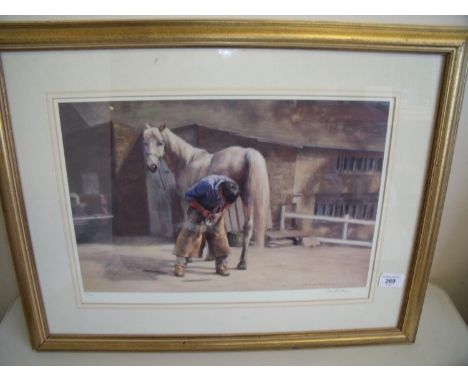 Framed and mounted limited edition number 77/200 signed Jane Parkin print of a Farrier (62cm x 48cm) 