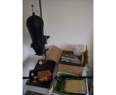 Selection of vintage photographic developing and enlarging equipment, including various trays, enlarger, frames etc 
