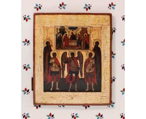 An icon of Archangel Michael with four chosen saints, 17th century, Russia, with the Trinity above, tempera on wood,  32 x 27