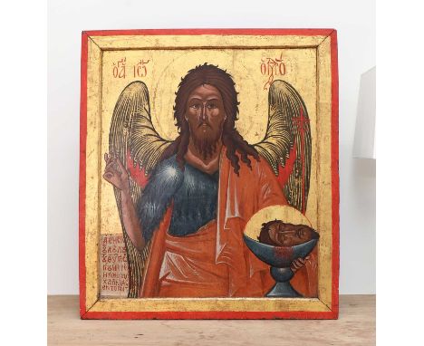 A large icon of St John the Forerunner,17th century, Greece, inscribed 'The supplication of George, Hieromonk and Treasurer o