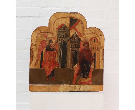 An icon of the Annunciation,  15th century, Russia, from an iconostasis, tempera on a shaped panel,  47.5 x 44.5cmProvenance: