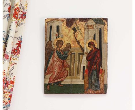 An icon of the Annunciation,possibly 16th century, Greece, tempera and gold on wood,  38.5 x 32cmProvenance: Iconastas, Picca