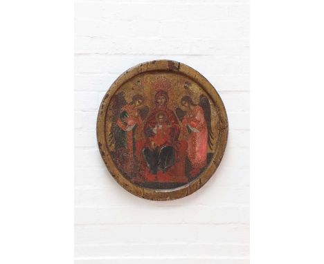 An icon of the Mother of God of the Sign, 16th century, Russia, flanked by angels,  tempera on a round wooden panel,  59 x 54