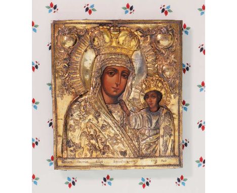 An icon of the Mother of God of Kaplunovskaya,dated 1794, Russia,  tempera on wood, within a silver gilt oklad, marks indisti