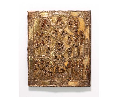 A festival icon of the Mother of God of the Burning Bush,late 18th century, Russia, tempera on wooden panel, within a silver 