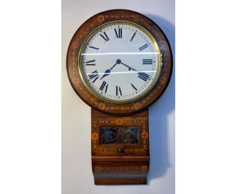 Edwardian inlaid wall clock set with white enamel face with key &amp; pendulum [70x43cm] 