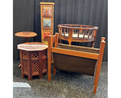 Mixed lot to include circular drinks trolley, carved stands, mid century magazine rack and tall chest with ceramic handles 