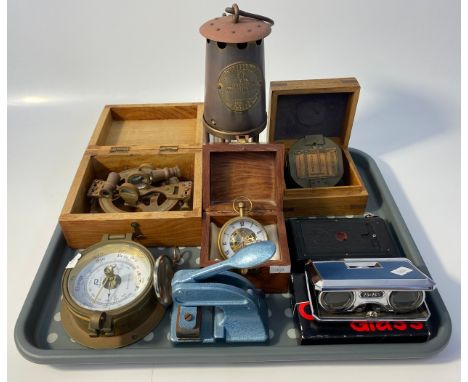 Tray of Collectables to include nautical items;brass nautical compass, barometer, Eccles miners lamp 