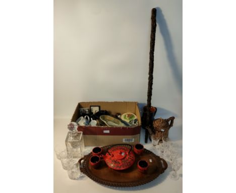 Large selection of collectables; Filey pottery jug, carved walking stick, oriental saki set &amp; other collectables 