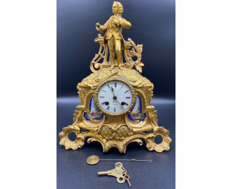 19th century French figural spelter mantle clock with Le Roy Paris enamel face  [29x35x8cm] 