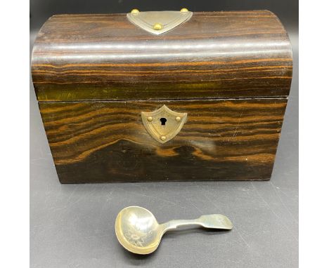 19th century Dome top hardwood tea caddy with fitted plated mounts &amp; escutcheon two lidded compartment along with tea cad
